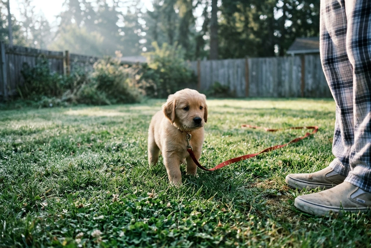 A young puppy standing on a patch of dewy grass at the edge of a backyard in soft early-morning light, leash trailing, while the owner's sneakers and pajama hems are just visible