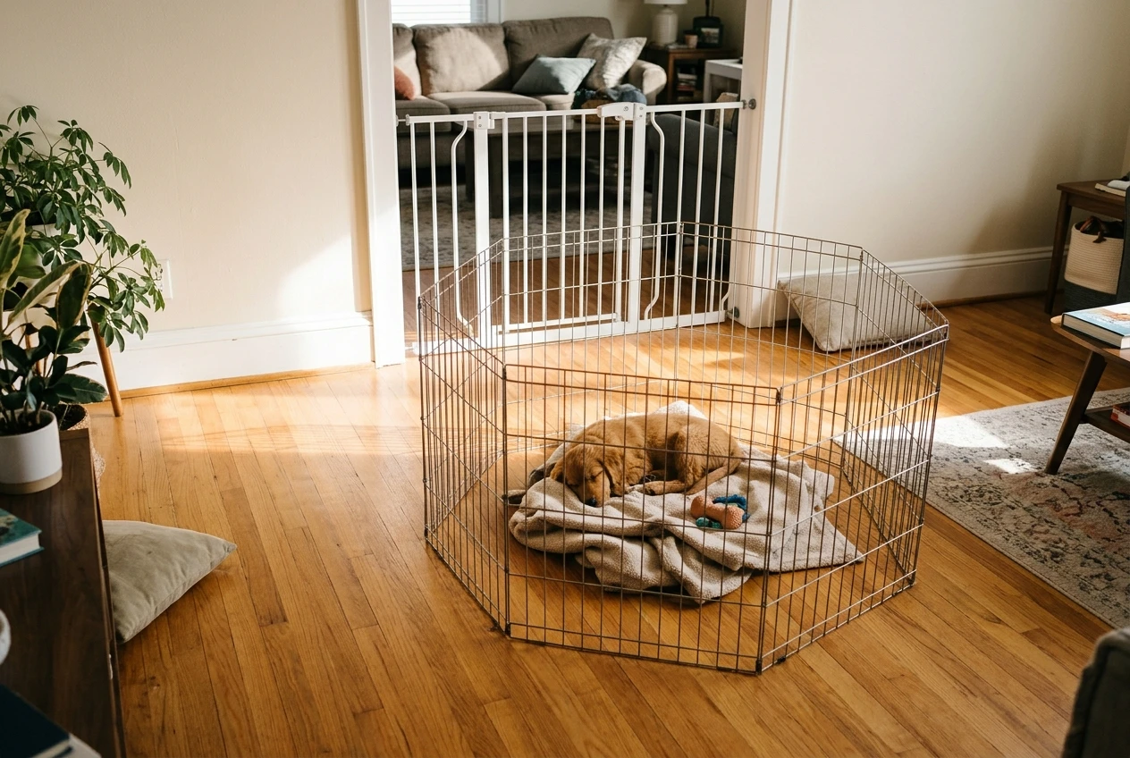 A bright living room with a white baby gate across the doorway and a small wire playpen on a wood floor, inside it a sleepy puppy lying on a folded blanket beside a chew toy, warm afternoon light through the window and a couch visible beyond the gate.
