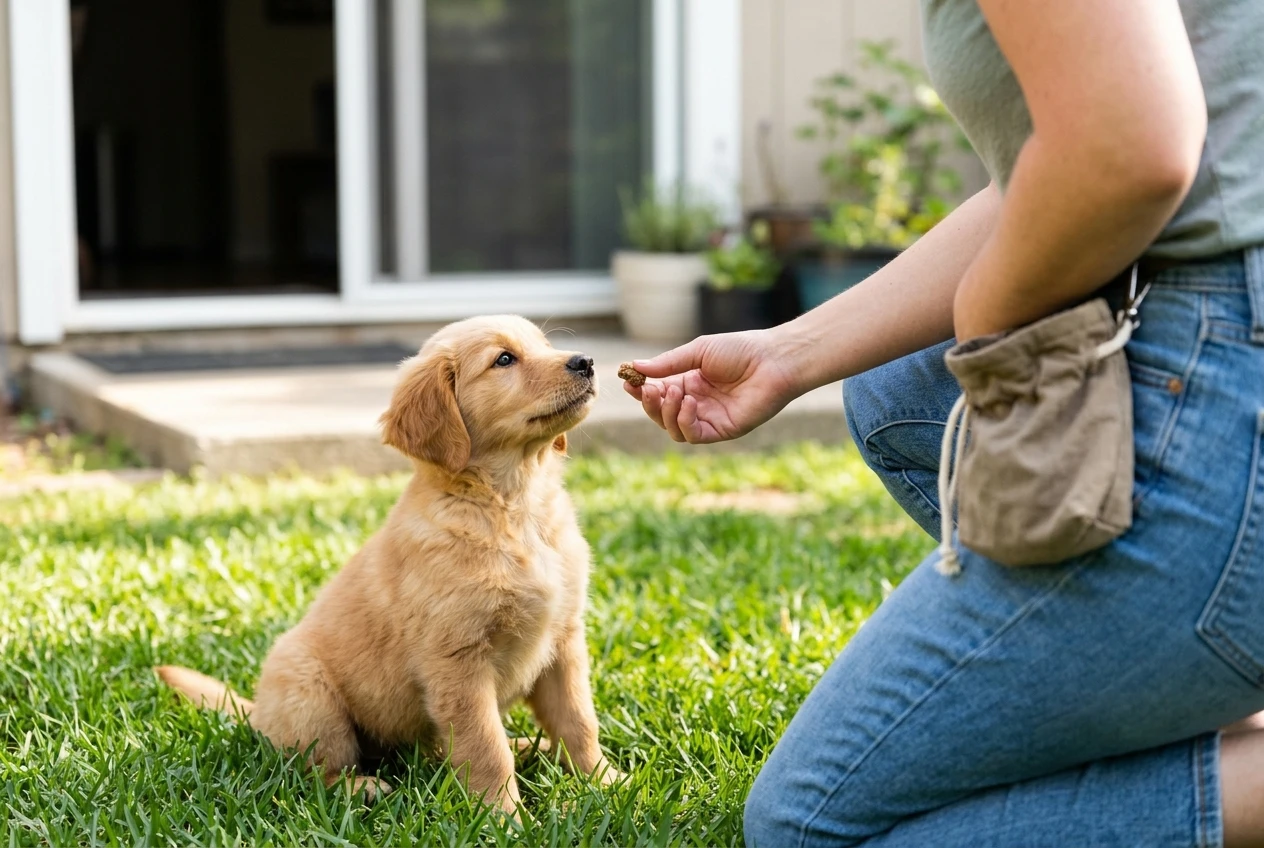 Close-up of a hand holding out a tiny soft treat to a puppy sitting on green grass just outside a back door, the puppy looking up eagerly, with a small pouch of treats clipped at the owner's waist, bright, cheerful daylight.