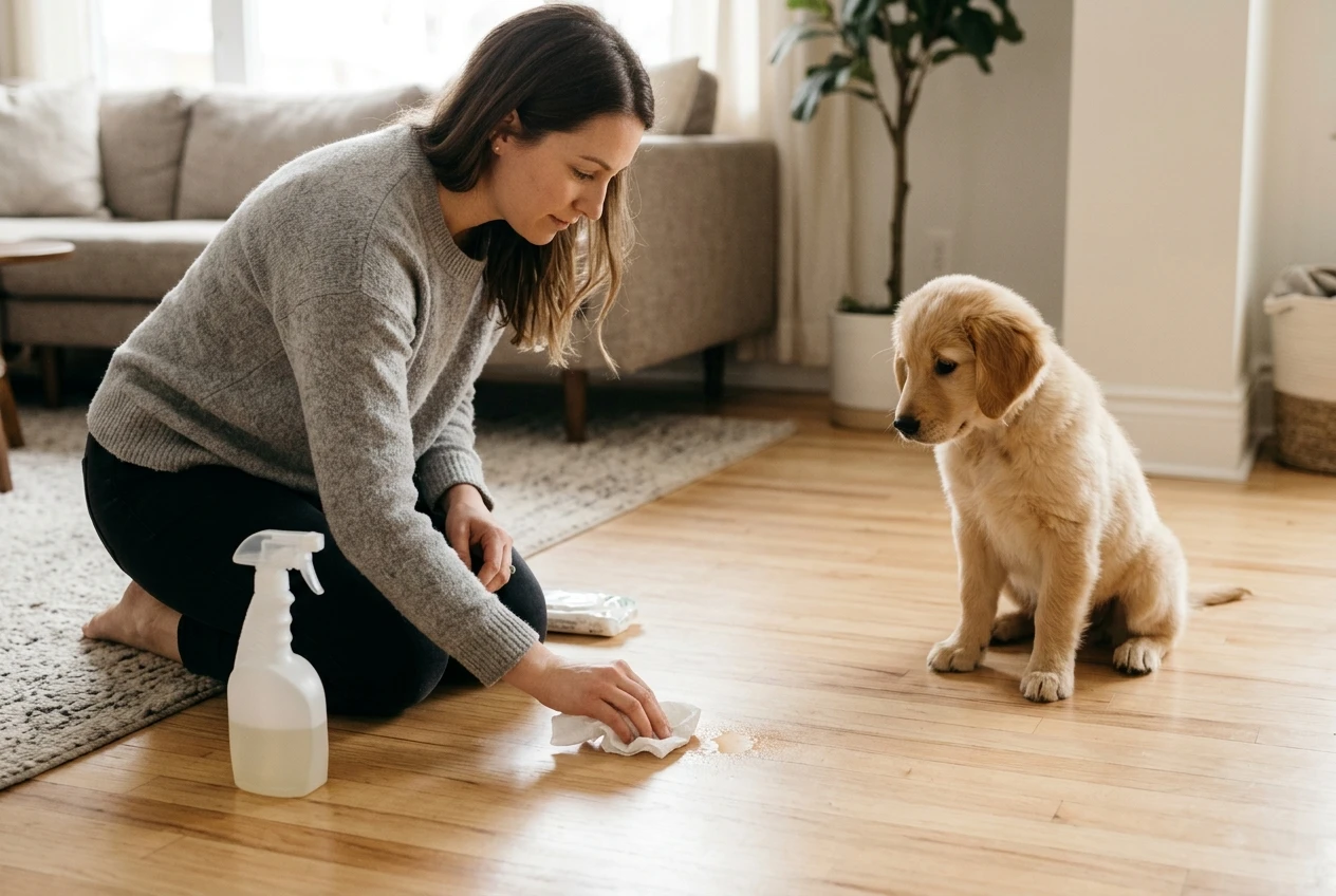 A person kneeling on a light wooden floor calmly blotting a small damp spot with a paper towel next to an open spray bottle of cleaner, while a puppy watches from a few feet away with its head tilted, soft natural light and neutral tones.