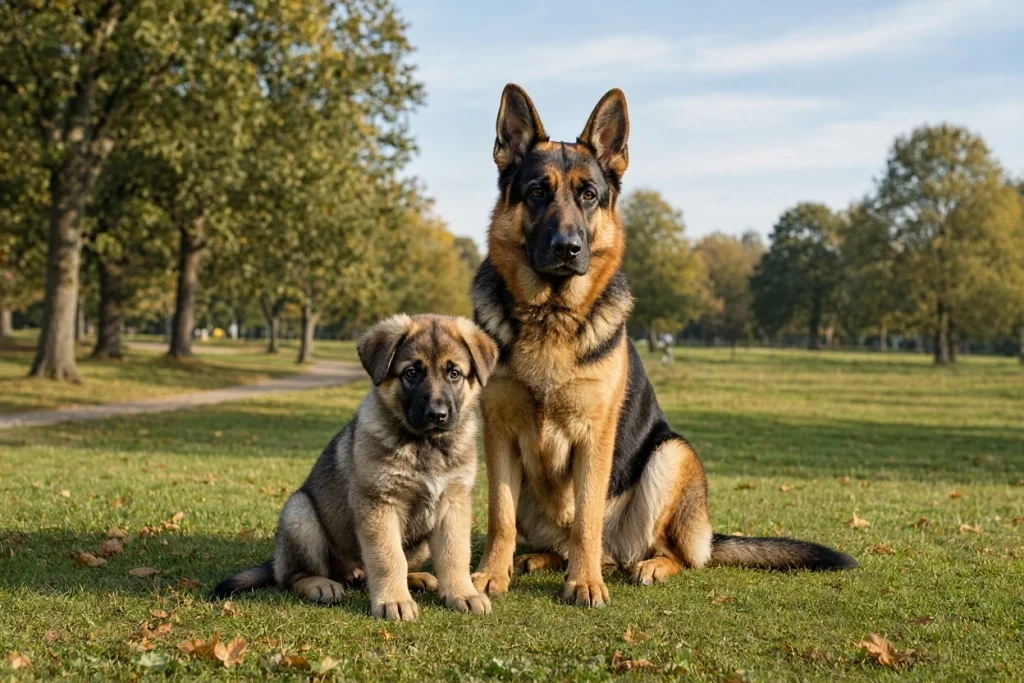 German Shepherd mother with her puppy