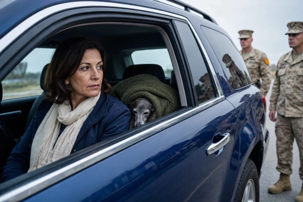 woman being stopped by the Marines